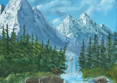 6 berg toppen met waterval 50 x 70 cm